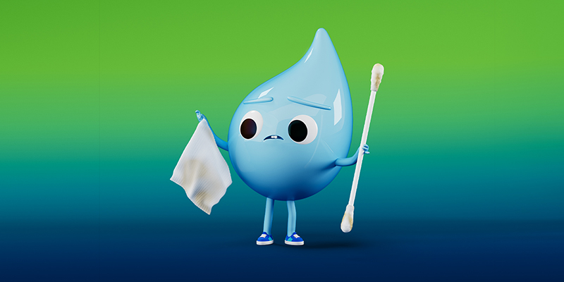 a little water drop holding a tissue and a q-tip